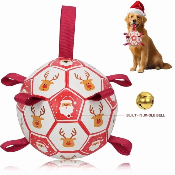 Durable Christmas football-themed pet toy, interactive bells for fetch, ball with built-in bell, chewable ball for dogs with leash, bells, reindeer, and snowflakes.