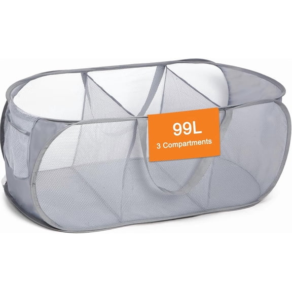 Durable Collapsible Foldable Pop Up Laundry Hamper, Sturdy 3 Compartments, Handy Pocket & Easy to Sort Clothes Hampers for Dorm, Kids Room, Travel - Grey