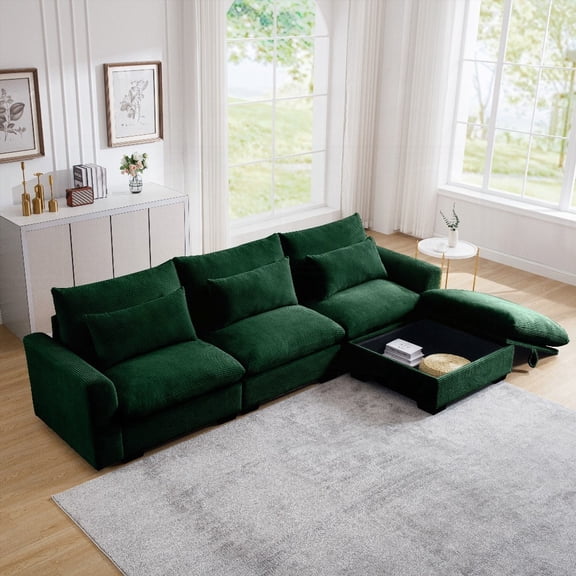 Durable Corduroy Sectional Sofa with Storage & 3 Pillows, Green