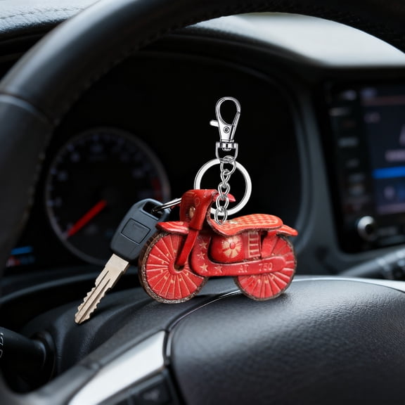 Durable Cowhide Mini Motorcycle Keychain - Stylish Personalized Hanging Decor Cute Compact Key Ring for Riders Unique Little Gift for Motorcycle Lovers & Collectors, Red, 1pc