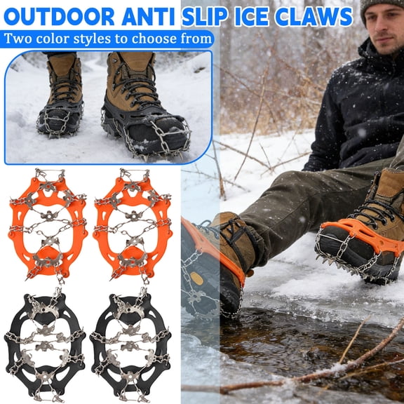 Durable Crampons Ice Cleats Traction Snow Grips for Shoes Boots Women Men, Anti Slip Stainless Steel Spikes Safe Protect Snow Chains for Hiking Fishing Walking Climbing,Orange