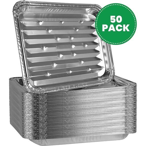 Durable Disposable Aluminum Grill Pans with Ribbed Surface, Foil Broiler Liners 50 Pack for BBQ Grilling and Grease Control, Great for Backyard Use