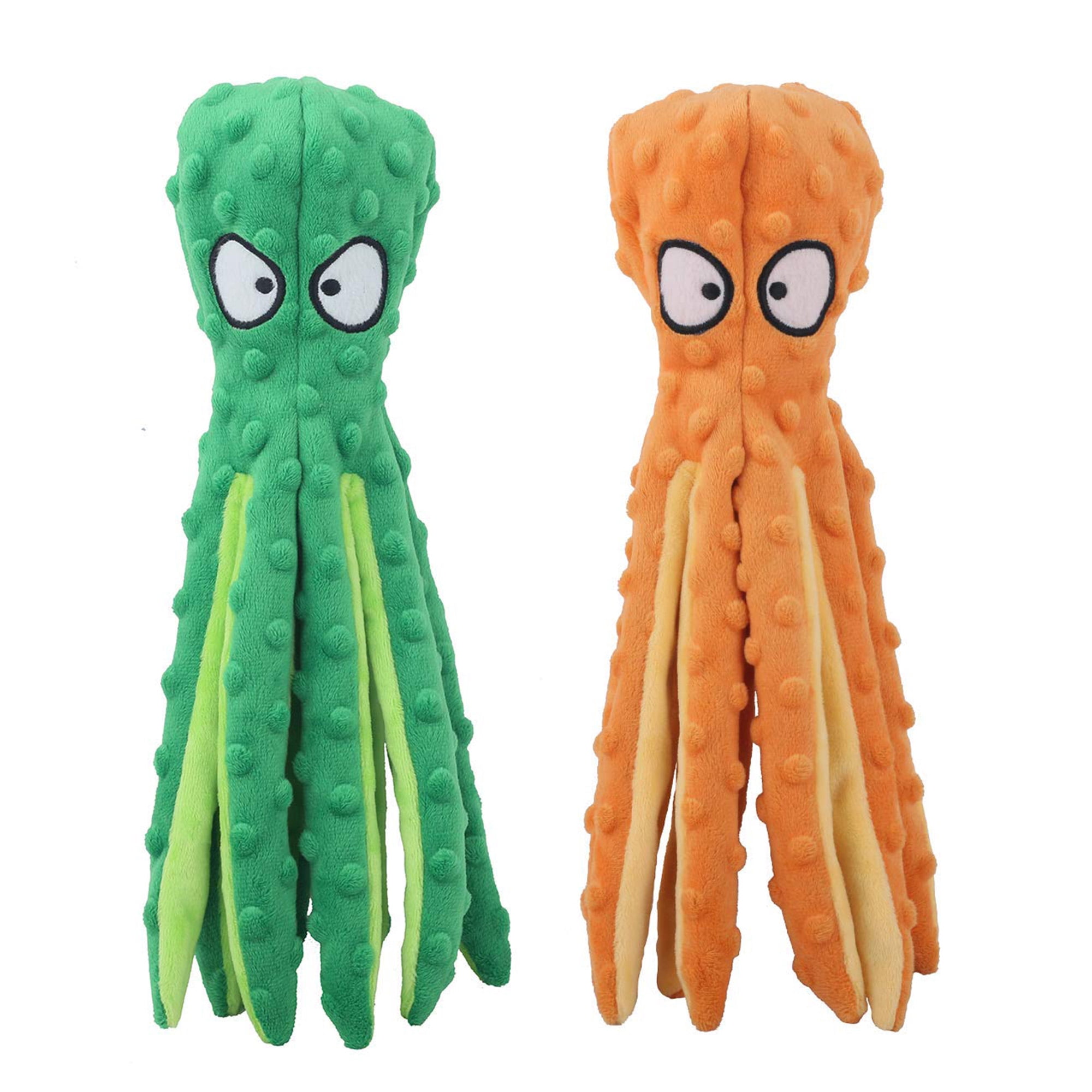Durable Dog Chew Toys for Puppy Teething, Interactive Squeaky Crinkle Plush Octopus Toy for Small Medium Large Dogs, No Stuffing Safe Design, Training Boredom Relief, 2 Pack, Green and Orange