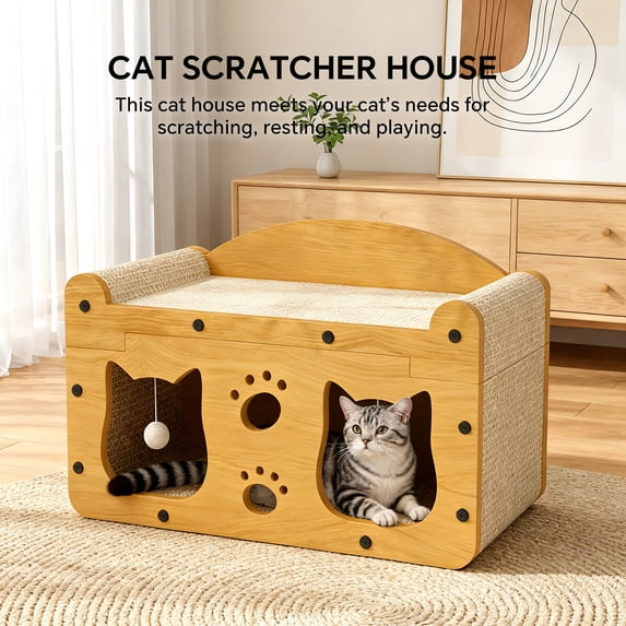 Durable Double-Layer Corrugated Cardboard Cat Scratcher with Cozy Bed - Sturdy Vertical Play Tower for Cats, All-Season Lounge with Integrated Play Balls, Easy to Scratch, Ideal for Indoor Use