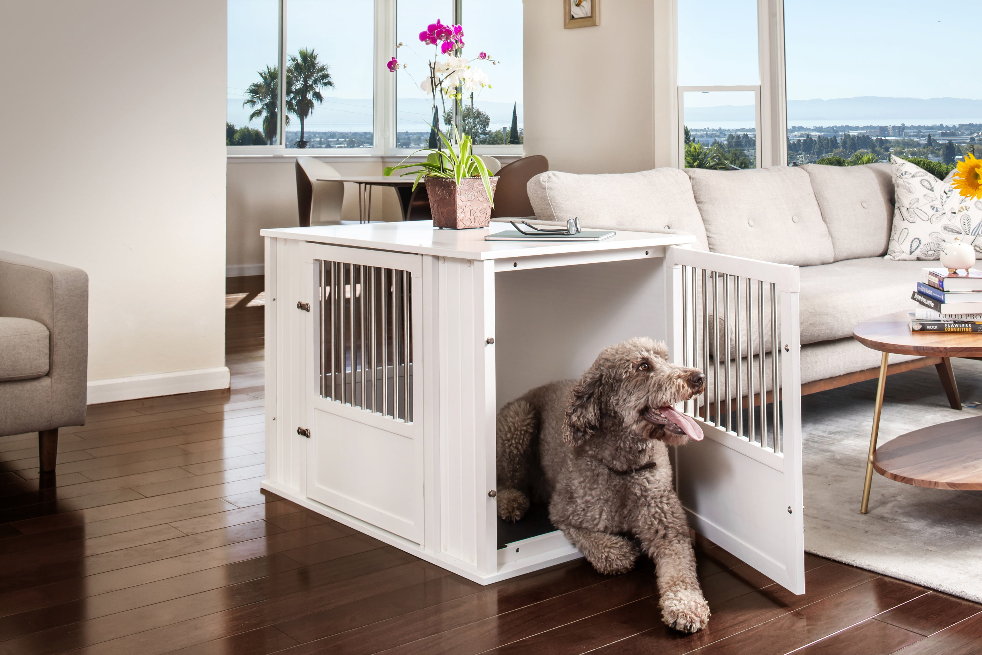 New Age Pet® ECOFLEX® Flexi Door Large Dog Crate in Off White with Brushed Stainless Bars