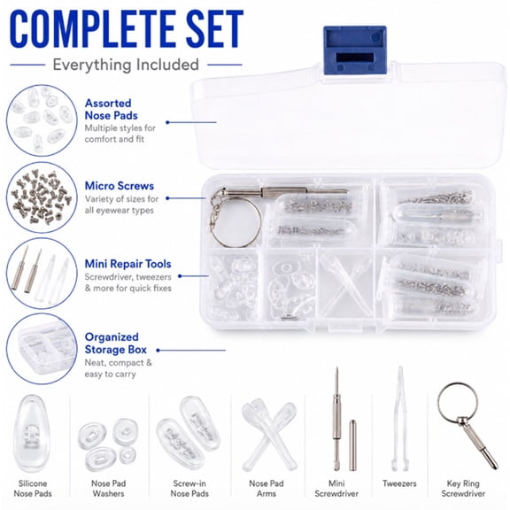 Durable Eyeglass Repair Tool Kit Optical Assortment Set with Screws, Nose Pads & Nuts for Quick Glasses and Sunglasses Fixes TIKA
