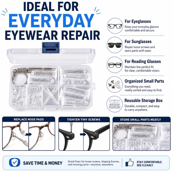 Eyeglass Repair Kit, Optical Screws, Nuts and Nose Pads Set with Tools for Glasses and Sunglasses, TIKA