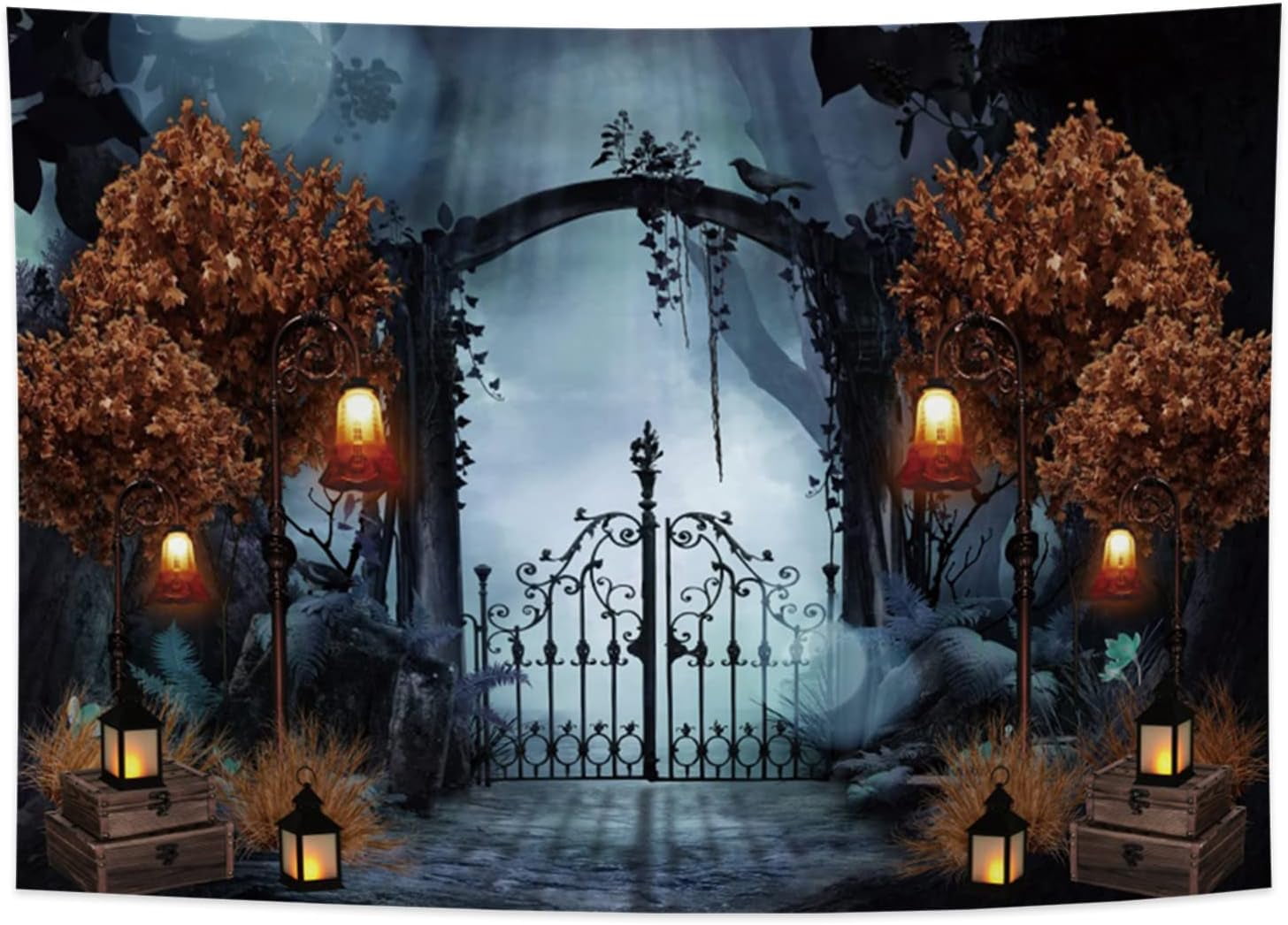 Durable Fabric Halloween Backdrop Horror Cemetery Iron Gate Scary