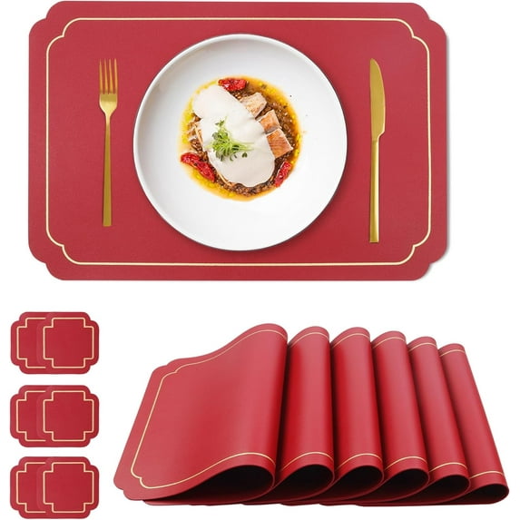 Durable Faux Leather Placemats with Gold Trim Dark Green Placemats and Coasters Set of 6 Large Rectangular Table Mats Heat Resistant and Easy to Clean