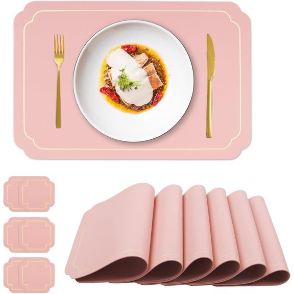 Durable Faux Leather Placemats with Gold Trim Dark Green Placemats and Coasters Set of 6 Large Rectangular Table Mats Heat Resistant and Easy to Clean