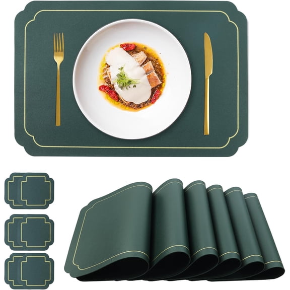 Durable Faux Leather Placemats with Gold Trim Dark Green Placemats and Coasters Set of 6 Large Rectangular Table Mats Heat Resistant and Easy to Clean