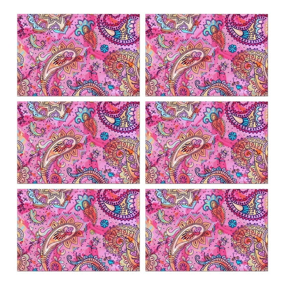 Durable Flax Paisley Placemats with Heat Resistant Wrinkle Free Feature, Set of 6 Showcasing Colorful Boho Vintage Floral and Mandala Artistic Patterns
