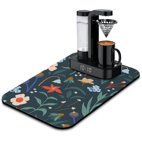Durable Floral Coffee Drying Mat, Navy 19.5x12inAbsorbent Diatom Mud Pad, Coffee Mat Reversible Dish Drainer Mat with Hanging Loop for Kitchen Counters & Sinks