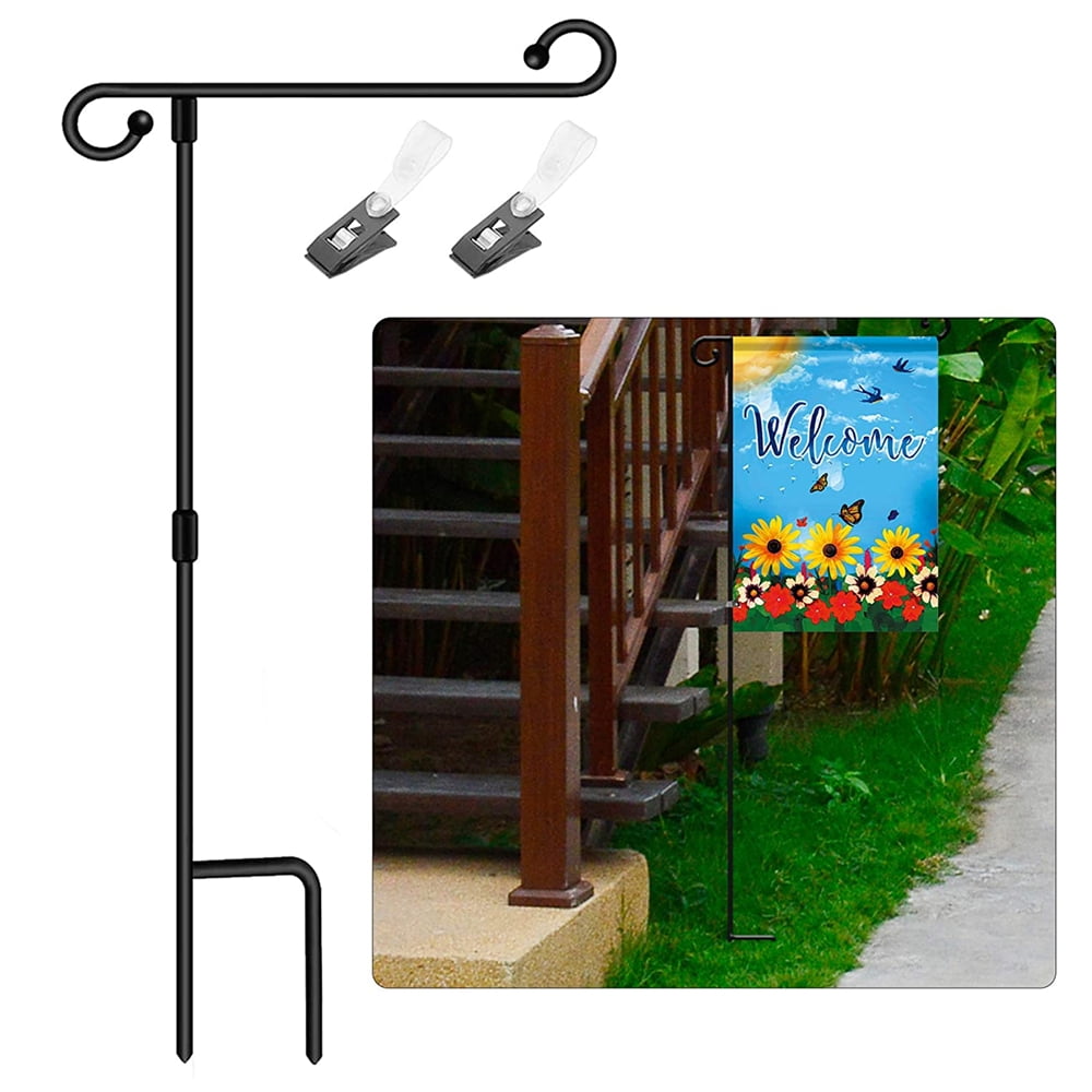 Durable Black Steel Garden Flag Stand for Outdoor Yard, AntiWind Clip