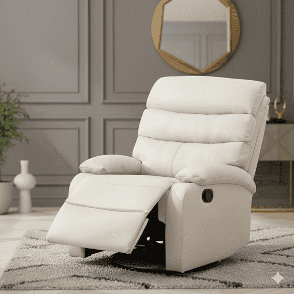 Beige Modern Genuine Leather Recliner, Compact Swivel & Rocking Chair for Living Room, Bedroom, Nursery, RV & Small Spaces
