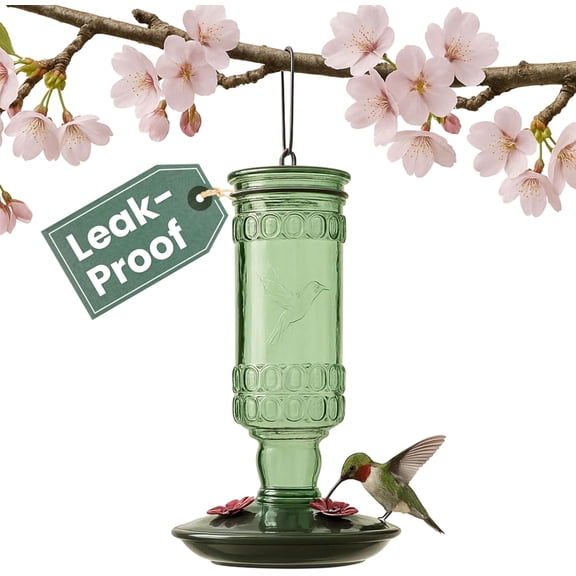 Durable Green Antique Design Glass Bottle Hummingbird Feeder – 10 Fl Oz Nectar Capacity – Outdoor Garden Décor Humming bird Feeder – Hang from Tree, Porch, Deck, Hook
