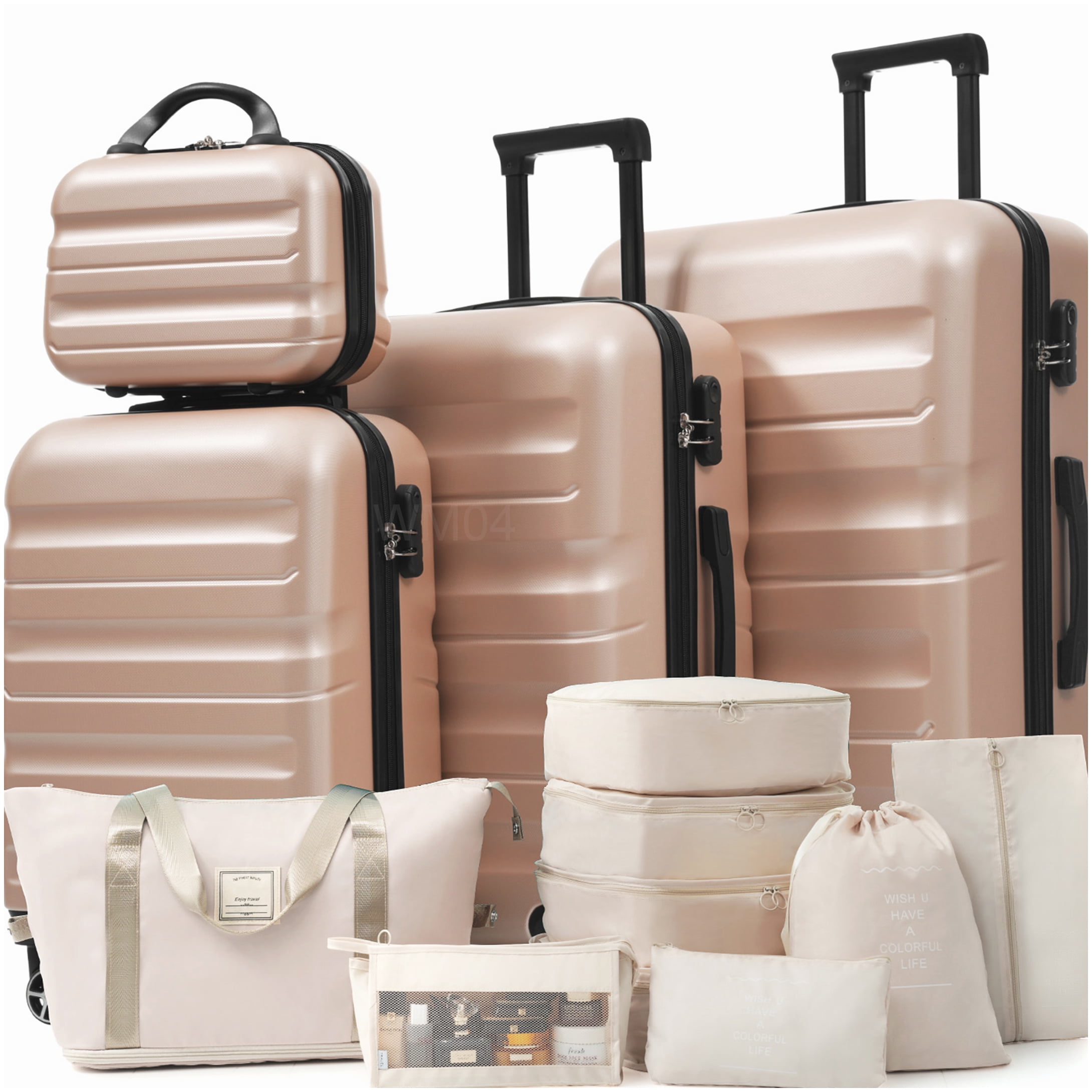 Durable Hardshell Suitcase Set with 8 Wheels, ABS Carry On and Checked Luggage in Champagne for Adults