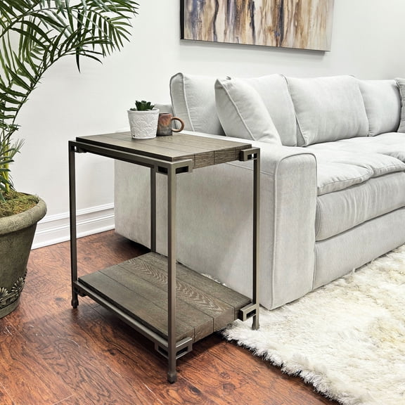 Durable Hardwood Chairside Table with Metal Framework and Shelf for Living Space