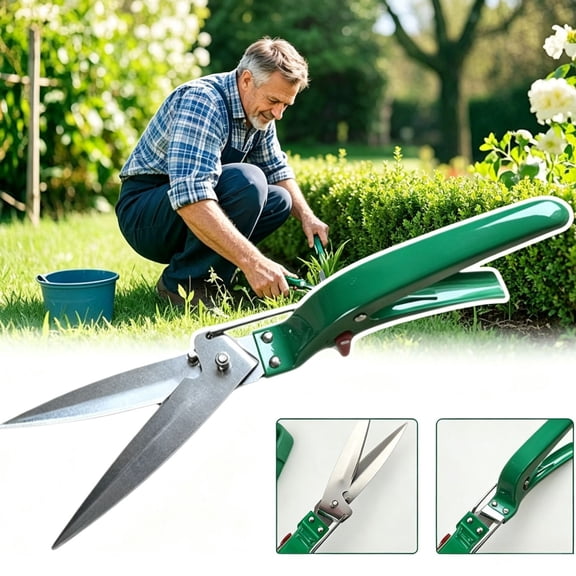 Durable High Carbon Steel Hand Grass Shears for Yard, Ergonomic Manual Lawn Trimming Scissors with Non-slip Green Handle, Heavy Duty Cutter for Weed Bush Landscape
