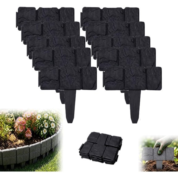 Durable Imitation Stone Garden Fence - Weatherproof Plastic Edging for Flower Beds & Lawns, Interlocking Decorative Panels, DIY Cobblestone Effect, Easy Installation Black 10PCS