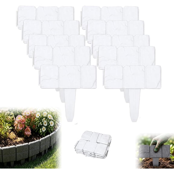Durable Imitation Stone Garden Fence - Weatherproof Plastic Edging for Flower Beds & Lawns, Interlocking Decorative Panels, DIY Cobblestone Effect, Easy Installation White 10PCS