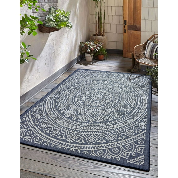 Durable Indoor Outdoor Carpet, Weatherproof Easy Clean Rug for High Traffic Spaces, Patio Deck Backyard Entryway, Navy Weiss, 5x7 Feet