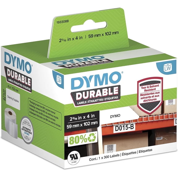 Durable Industrial Labels for LabelWriter Label Printers, White Poly, 2-5/16" x 4", 1 Roll of 300
