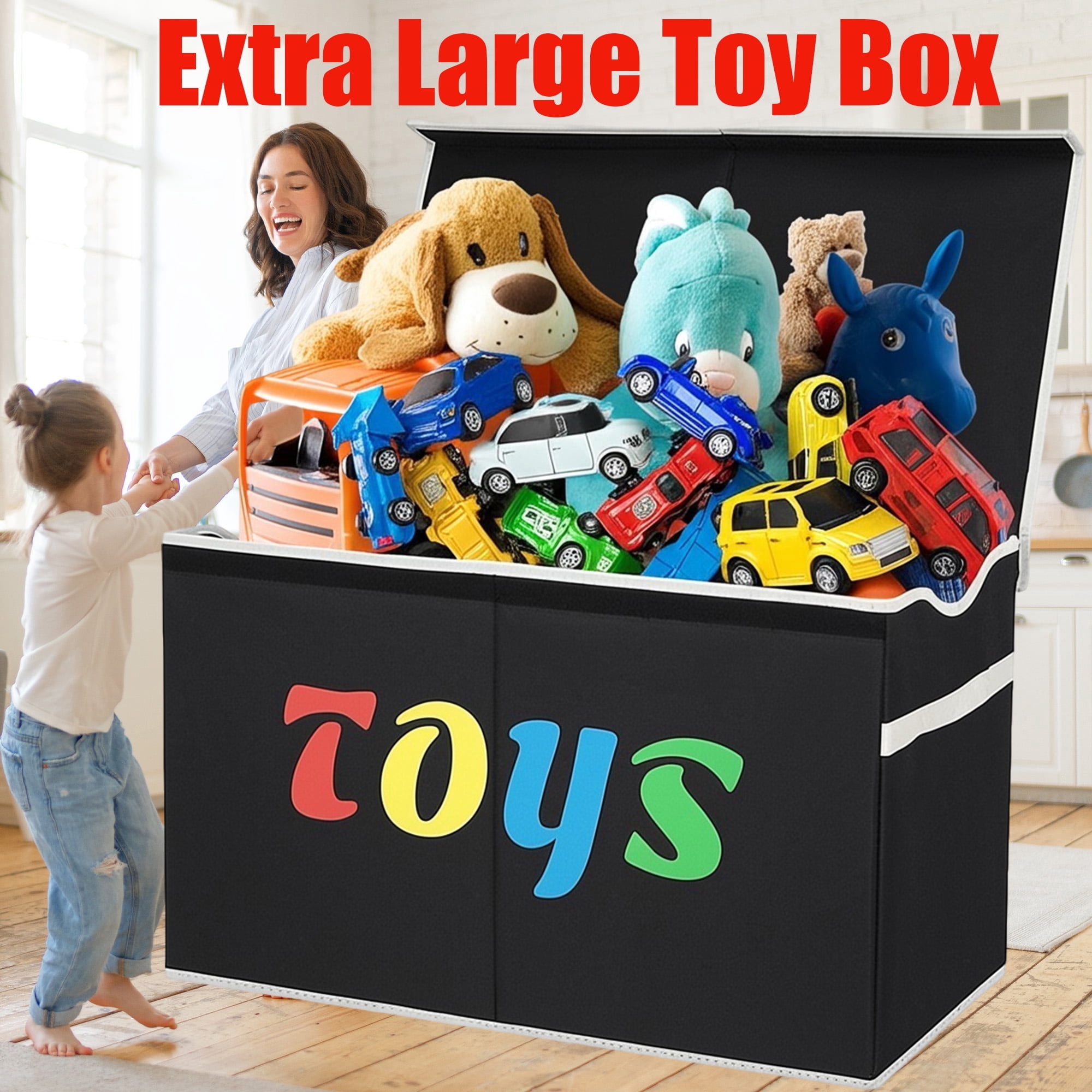 VICTORICH XL Child Collapsible Toy Storage Fabric 32 gal Kids Room Toy Chests with Lids, Black