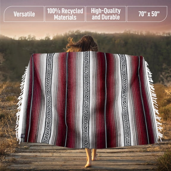 Durable, Lightweight Baja Indian Blanket for Yoga, Beach, Camping, Picnic, Car/Truck, Outdoor Mexican Throw, Baja Saddle Blanket, 70"x50", Cherry