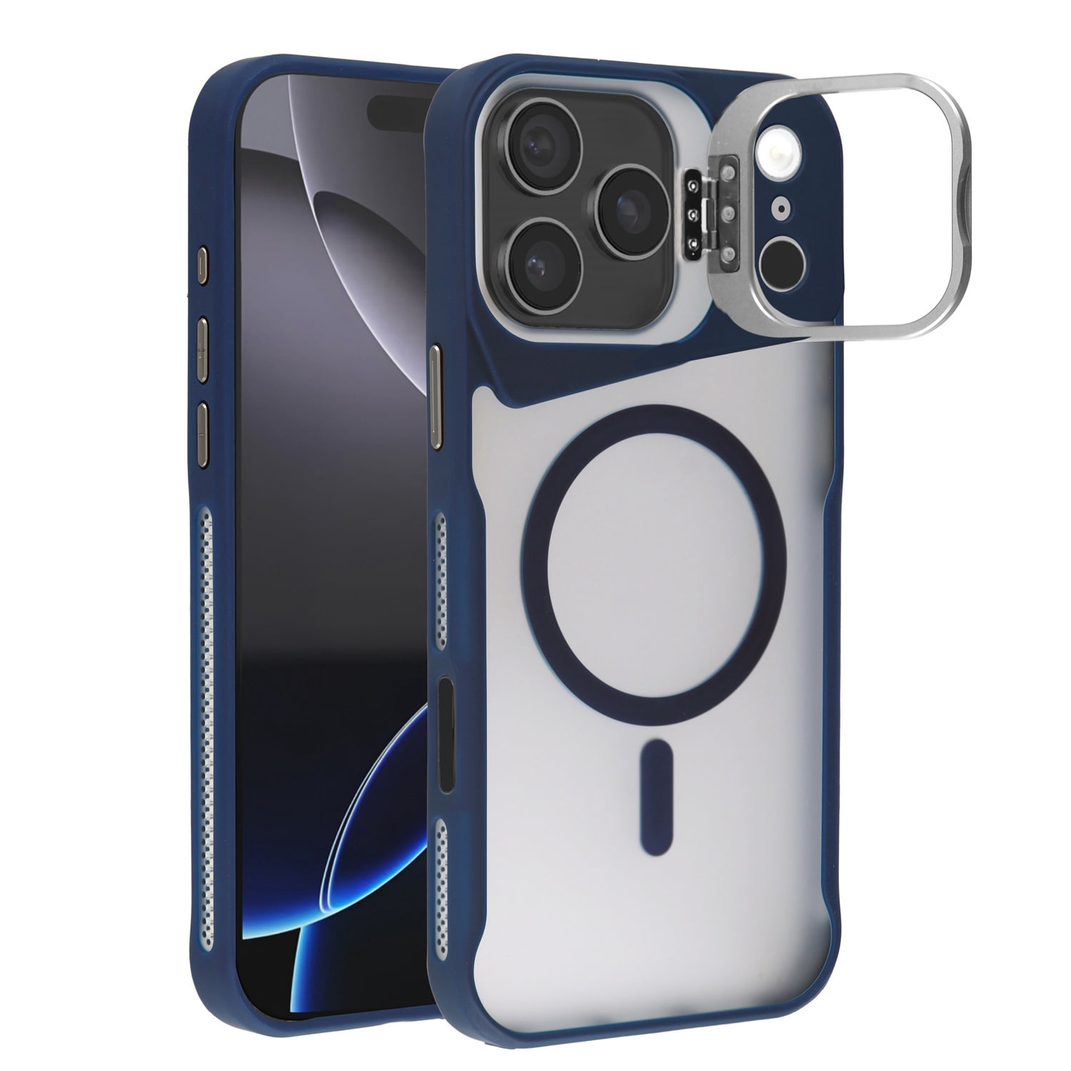 Durable Matte Transparent Camera Stand Case with Wireless Charging for iPhone 17 Pro Max - Blue