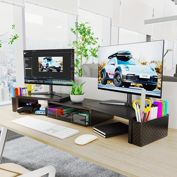 Durable Metal Dual Monitor Stand with Storage Drawer - Adjustable Angle & Height Dual Screen Riser, Compatible with Laptops & Desktops, Space-Efficient for Home Office, Gaming