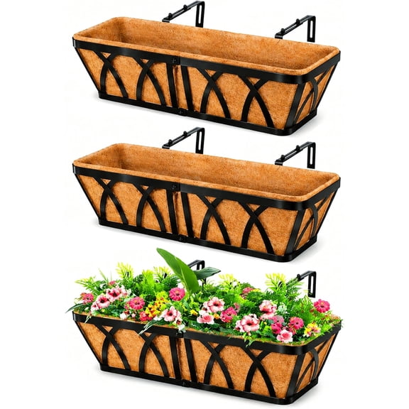 Durable Metal Fence Planter Baskets 3 Pack Black 24 Inch Railing Planters