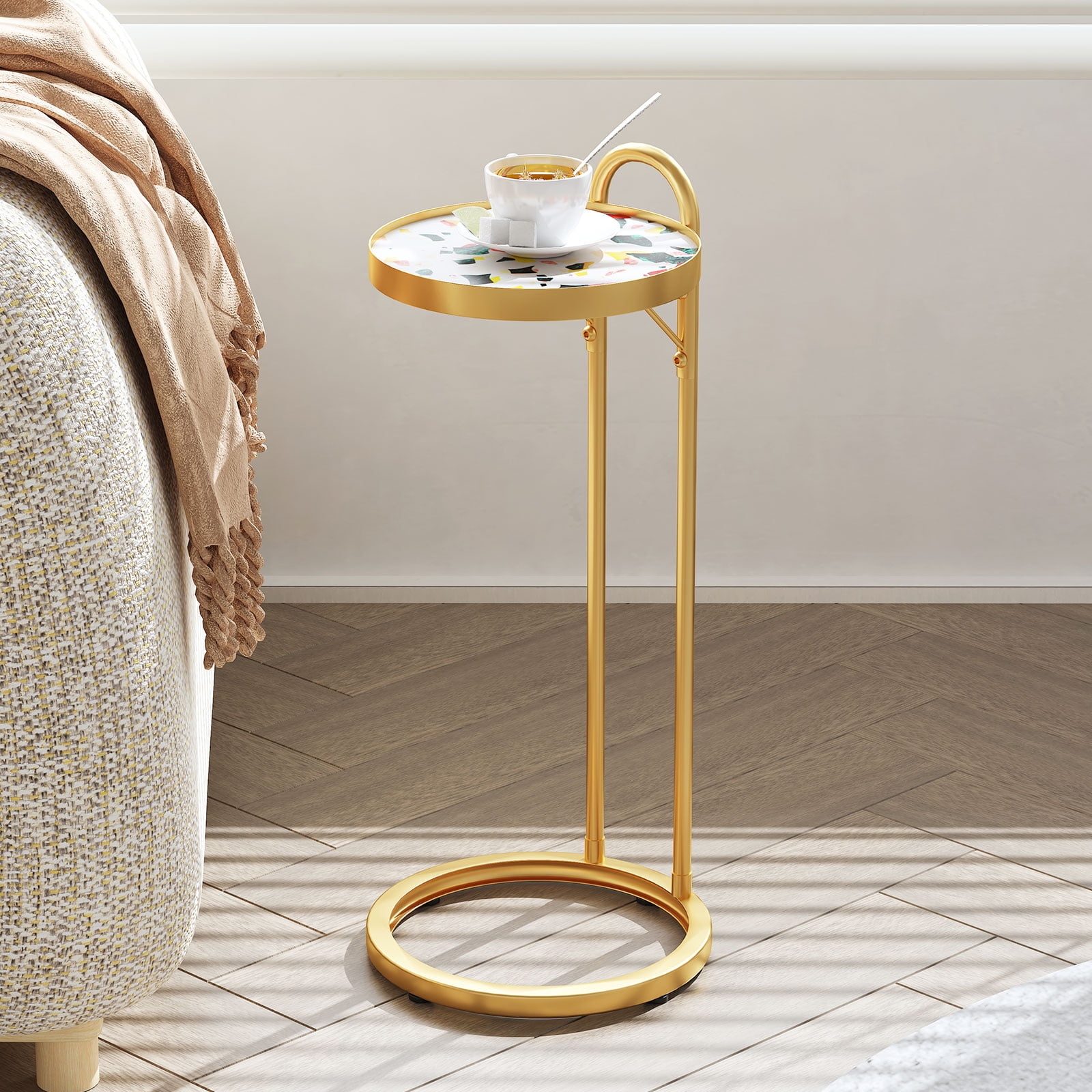 Durable Metal Frame CShaped Side Table with Handle Modern Design
