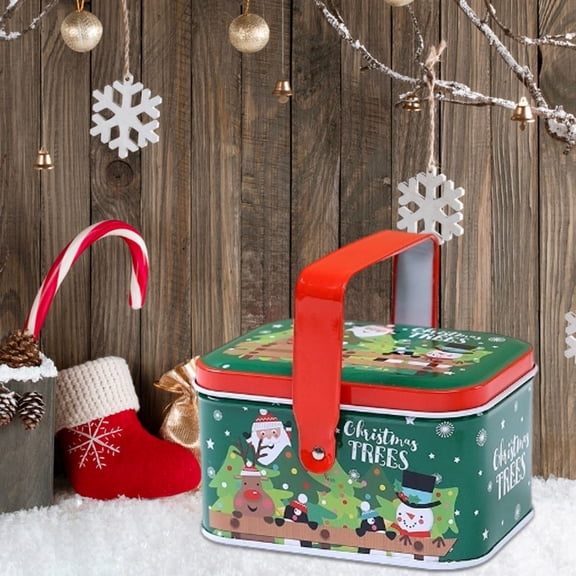 Durable Metal Tin Canister With Handle Festive Candy Snack Storage Container Holiday Party Supply Organizer For Home Kitchen A