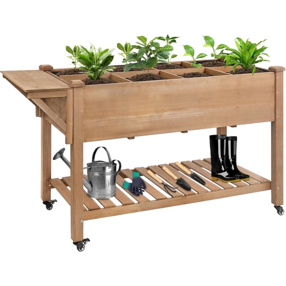 Durable Natural Hardwood Mobile Elevated Planter Box Stand on Lockable Wheels Raised Container Box for Yard Patio Greens with Sturdy Support Legs Structure 5x24x32in