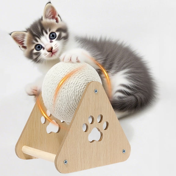 Durable Natural Sisal Cat Scratching Ball with Wood Frame, Rotating Wheel Interactive Toy, Anti-Tipping Cat Climbing Frame for Boredom Relief & Teething