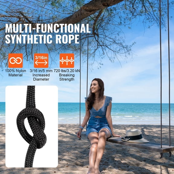 Durable Nylon Cord, 3/16 inch x 1000 ft, 32-Strand Design, 720 LBS Load Capacity, Multi-Purpose Rope for Outdoor Adventures, Tree Work, and Emergency Situations, Black