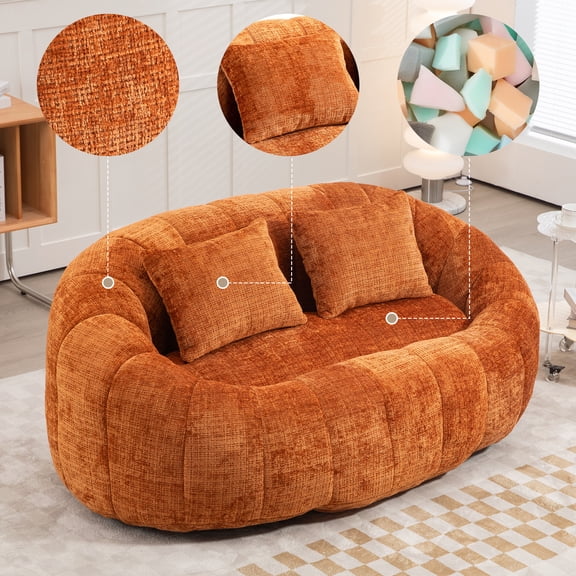 Durable Orange Chenille Bean Bag Sofa Lounger for Adults: High-Back Accent Floor Chair, Indoor/Outdoor Comfort, Spacious 2-Seater, Memory Foam Filling, No Assembly