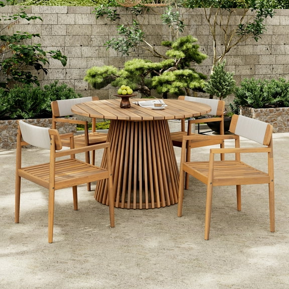 Durable Outdoor Dining Set with Teak-Like Finish and White Rope Chairs – Weather-Resistant Furniture for Patio, Deck, and Garden (4 Chairs + Round Table, Ergonomic Design)
