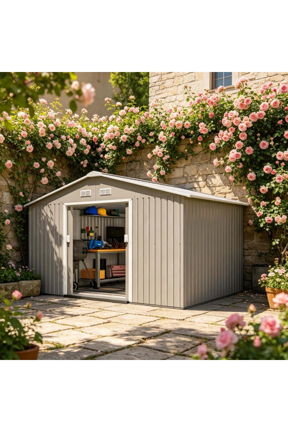 Durable Outdoor Storage Shed with Four Strategically Placed Vents, Backyard Tools Storage Shed, Garden Metal Shed