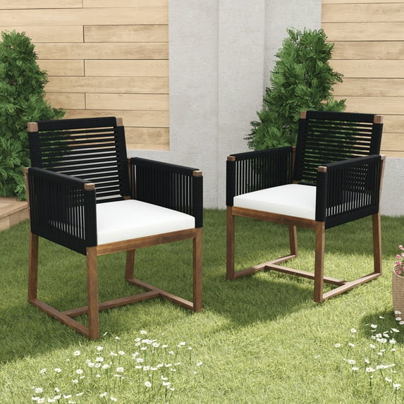 Durable Outdoor Wood Dining Chairs Set of 2, Handwoven Rope Back with Machine-Washable Cushions, All-Season Weather-Resistant Patio Furniture for Backyard, Poolside & Garden Use, Black Finish