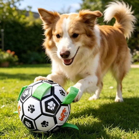 Durable PVC Dog Soccer Ball Toy with Pull Tug Straps, Interactive Toss & Tug Chew Toy, Outdoor Enrichment Fetch Ball for Small Medium Large Breed Dogs Single Variant