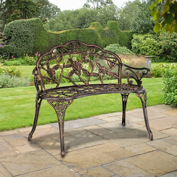 Durable Patio Garden Bench Cast Aluminum Rose Style Porch Path Chair Outdoor Lawn Park