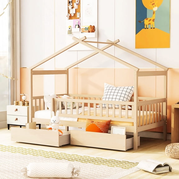 Durable Pine Construction & Decorative Eaves - Twin Size House Bed for Bedroom