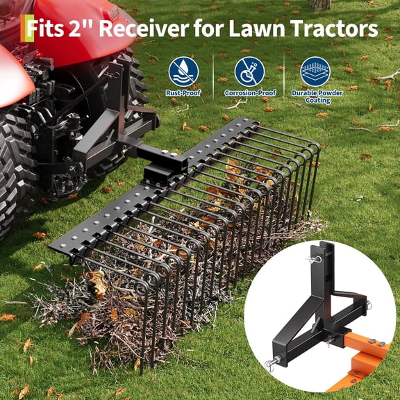 Durable Pine Straw Rake for Lawn Tractors ATV/UTV Heavy Duty Steel Spring Landscape Rake Fits 2" 48 inches Black