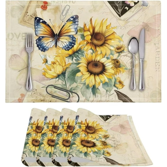 Durable Placemats Set of 4, Dining Table Woven Vinyl PVC Placemat Wipeable Easy to Clean Oil-Proof Non-Slip Tablemats for Kitchen, Butterfly Sunflower Retro