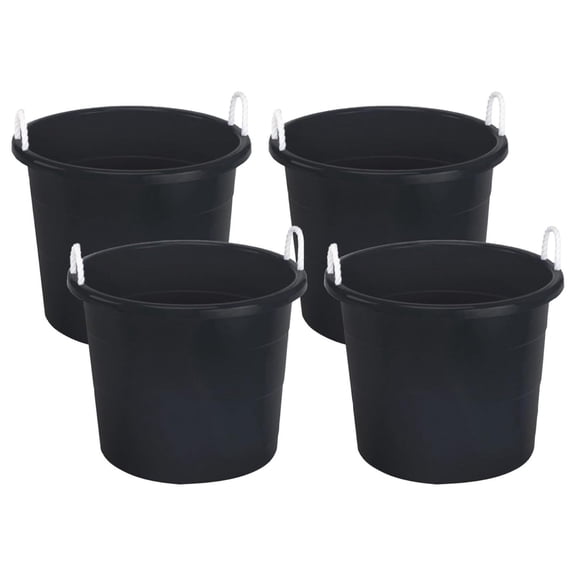 Durable Plastic 17 Gallon Stackable Round Utility Storage Container Bucket Tub with Strong Nylon Rope Handle, Black (4 Pack)
