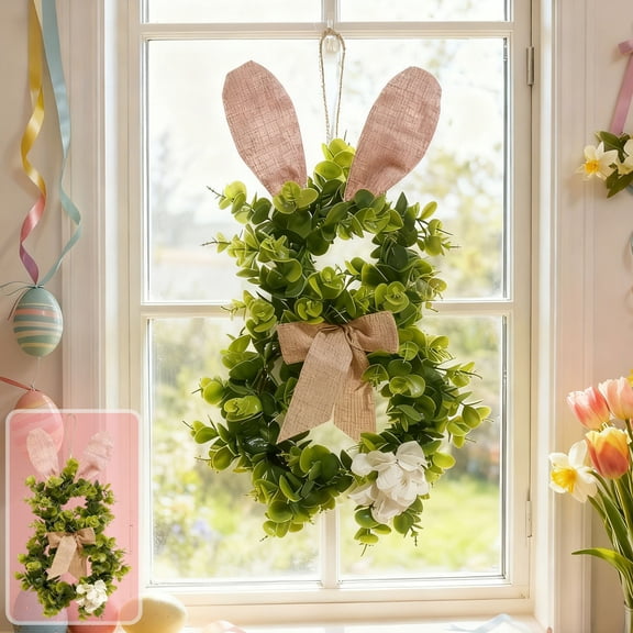Durable Plastic Easter Bunny Wreath, Rattan Easter Wreath for Front Door or Porch Display, Excellent Home Decor for Spring Festive Gatherings or Party Venues