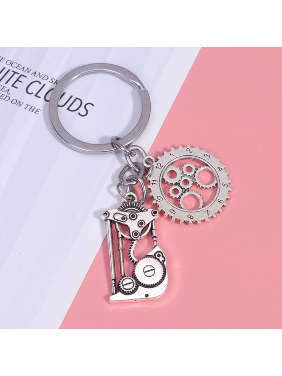 Plated Metal Key with Clock Gear Pendant for Organizing Keys and Bag Clips