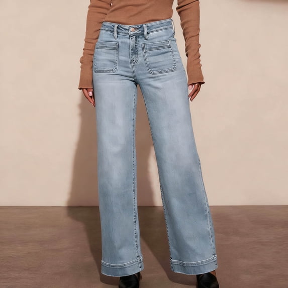 Durable Pocketed Casual Wear Jeans for Women Solid Color High Waisted Wide Leg Pants Straight Leg Jeans Long Pants Women's Fashion Solid Color Street Style Wide Leg Jeans Flared Leg Retro Style